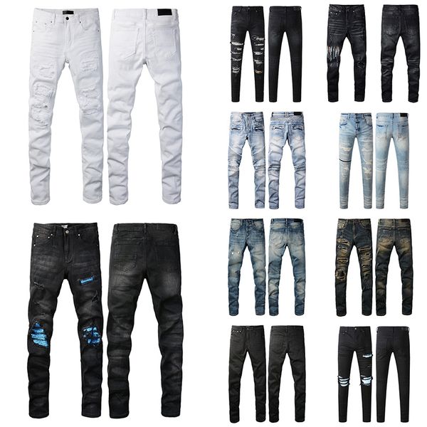 

Designer men black trousers biker embroidery ripped for trend hole High Street cotton Casual fashion jeans mens womens pants, A001