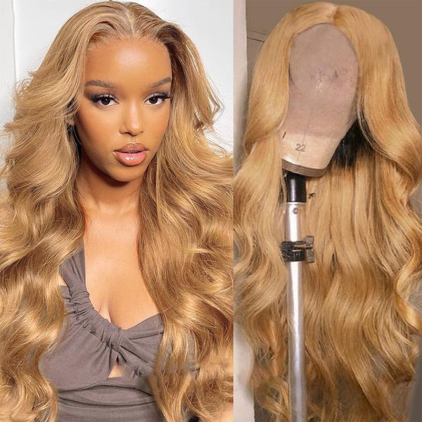 

#27 Honey Blonde Front Colored For Women 13x6 HD Body Wave Human Hair Lace Frontal Wigs, Light brown