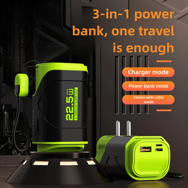 

AC Plug Power Bank - 10000 mAh Capacity with Built-In Cable & 22.5W Fast Charging
