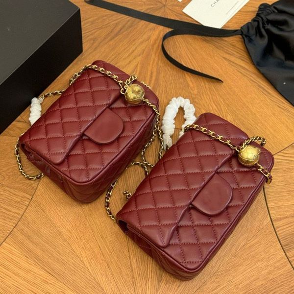 

Real leather Woman Women luxurys Designers bags Shoulder bag Handbags Gold beads chain bag Messenger Clutch Flap crossbody Wallet lady clutch Fortune bag 20m, Burgundy