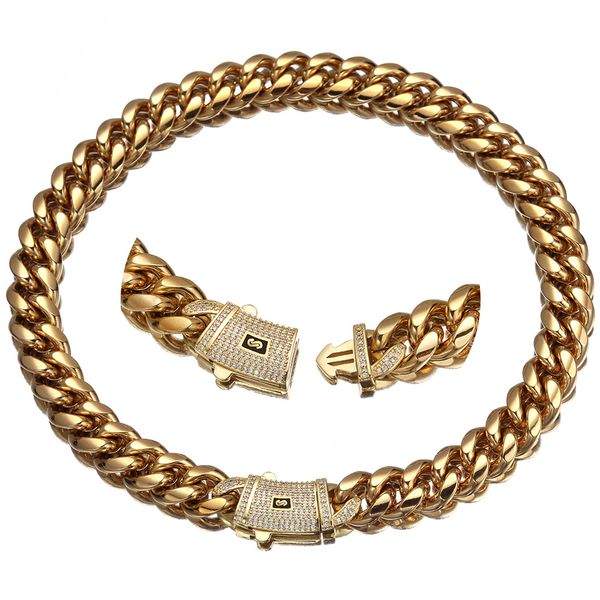 

6-14mm Hip Hop Solid Stainless Steel Miami Cuban Link Chain Zircon Clasp Mens Simple High Polished Jewelry