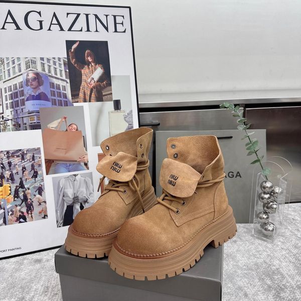 

Thick soled, thick heel, height increasing Martin boots for women, 2024 autumn new item, lace up versatile short boots, flip up yellow boots, Off white