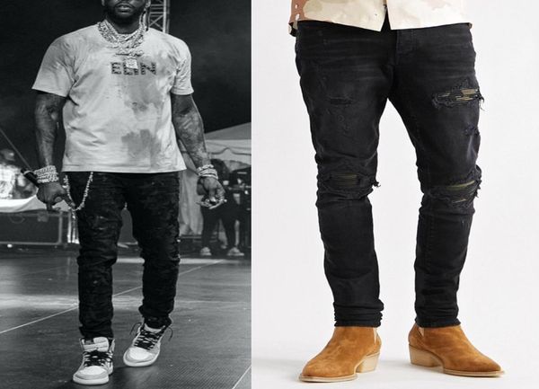 

2022 new man jeans zippertrim slimfit whiskering fading distressed vintage biker skinny denim pants male9601368, Blue