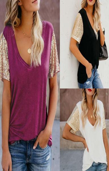 

short sleeve sequin women shirts glitter vneck tank lady sequin blouses summer new design shirts6760387, White