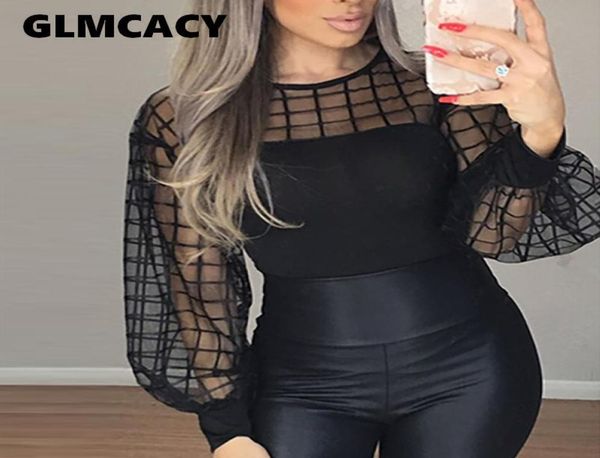 

women sheer grid mesh casual blouse shirt women long sleeve blouse black plaid slim summer fall lantern sleeve blusas sh9114575, White