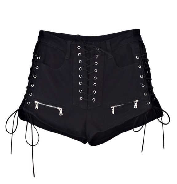 

black lace up side slit elasticity denim short skinny and club short high waist jeans short summer goth shorts girl y2008226602217, White;black