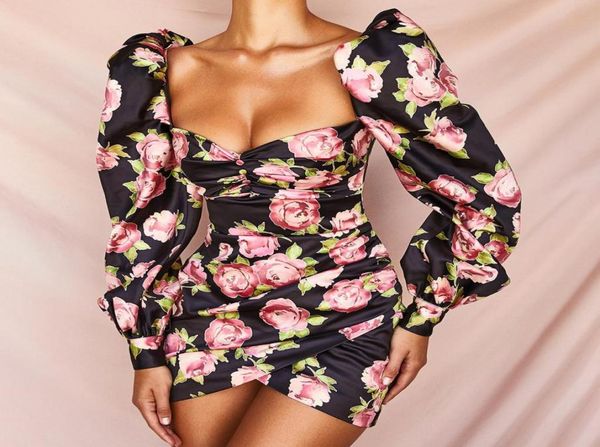 

floral print vintage women bodycon dress puff sleeve off shoulder black party dresses satin mini vestidos 2019 autumn6406427, White;black