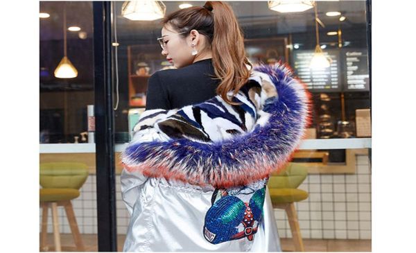 

zurichouse luxury mink fur coat women long fashion sequined embroidery outwear hooded big raccoon fur collar winter fur jacket8009658, Black