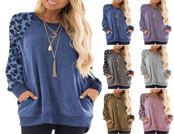 

leopard pocket hoodie women patchwork sleeve sweatshirt comfy round neck solid long sleeve shirts ljjo76774381842, Black