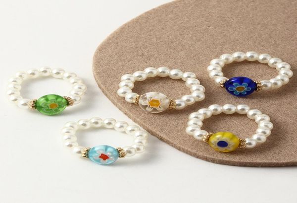 

5pcsset bohemia multicolor geometric round flower beads ring for woman fashion imitate pearl elastic adjustable rings jewelry7073901, Silver