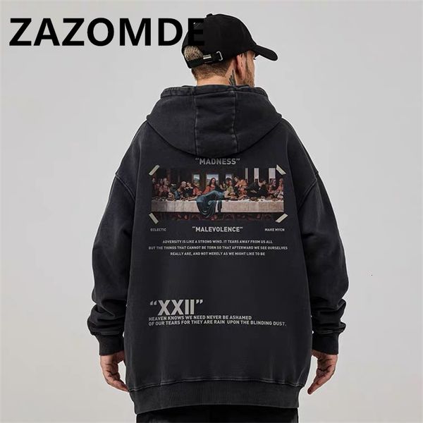 

men's hoodies sweatshirts zazomde autumn vintage washed men winter sweatshirt print cotton hoodie hip hop streetwear oversized loose 2, Black