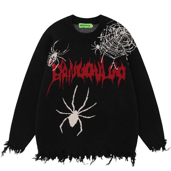 

men's sweaters y2k sweater men women autumn spider pullover oversized ripped black beige 230831, White;black