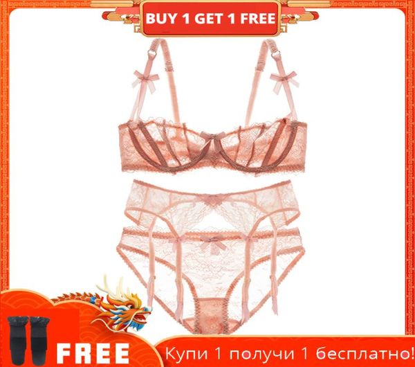 

whole lace ultra thin half cup transparent ladies underwear garter belt underpants no sponge bra set6831559, Red;black
