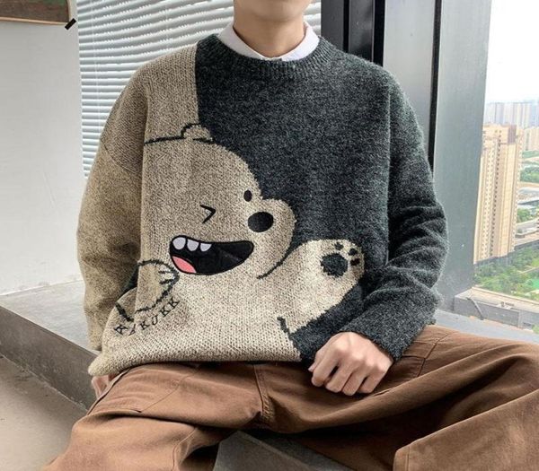 

men039s sweaters cute knitted pullover jumper streetwear casual cartoon hip hop long sleeve knitwear sweater men autumn bear to9285708, White;black
