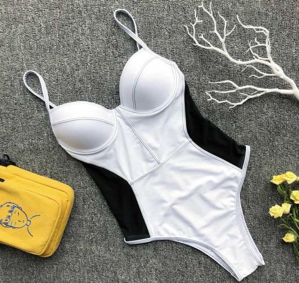 

splicing mesh one piece swimsuit women push up swimwear spaghetti strap halter bodysuit cut out bathing suit women monokini4688743, White;black