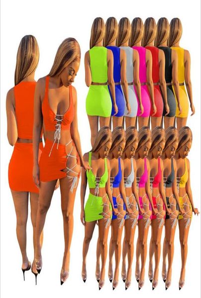 

woman 2pcs hollow out dress set candy color lace up sleeveless crop vestbodycon mini skirt sxl1578162, White