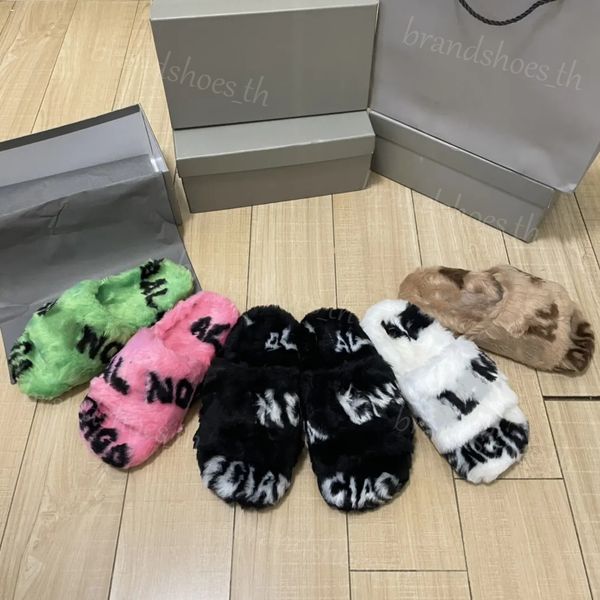 

women sandals winter furry slippers letter print loafers wool platform slipper fuzzy plush slides flat leather slipper warm fur sandal luxur, Black