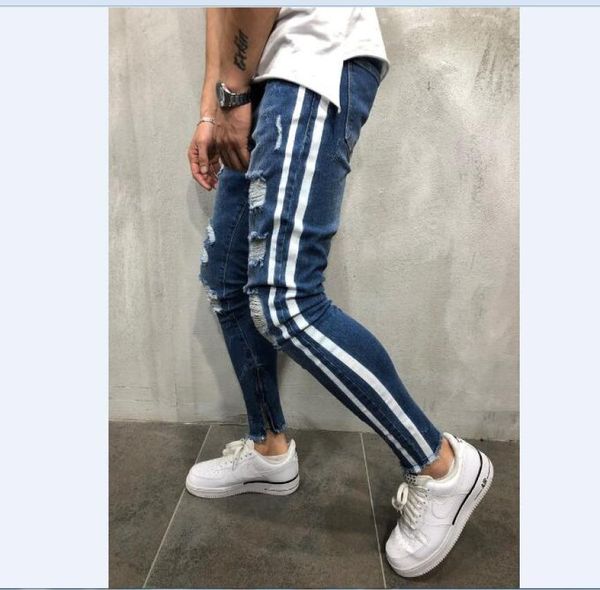 

men jeans biker destroyed frayed fit denim ripped side stripe pencil pants hip hop streetwear5400080, Blue