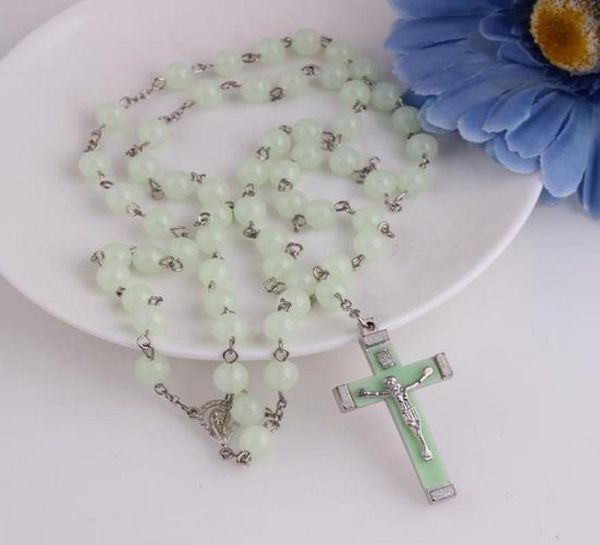 

light blue glow in dark plastic rosary beads luminous noctilucent necklace fashion religious jewelry party gift dhn4058797355, Silver