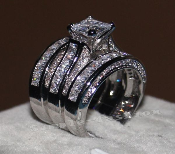 

vecalon fine jewelry princess cut 20ct cz diamond engagement wedding band ring set for women 14kt white gold filled finger ring9896336, Slivery;golden