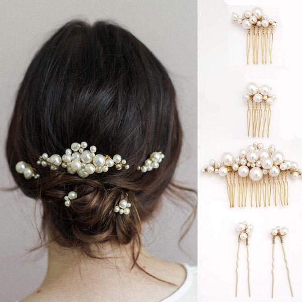 

5 pcst simulated pearl hair pins clips and comb for women flowers hair combs wedding bridal party hair jewelry for gift women headpieces, Silver