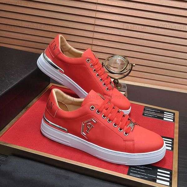 

designer luxury phillip plain classic sneaker pp leather casual low platform shoes mens outdoor run zapatos baskeball shoe red, Black