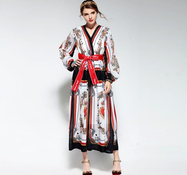 

new arrival women039s v neck characters printed letters sash bow belt fashion high street mid calf runway dresses7934532, Black