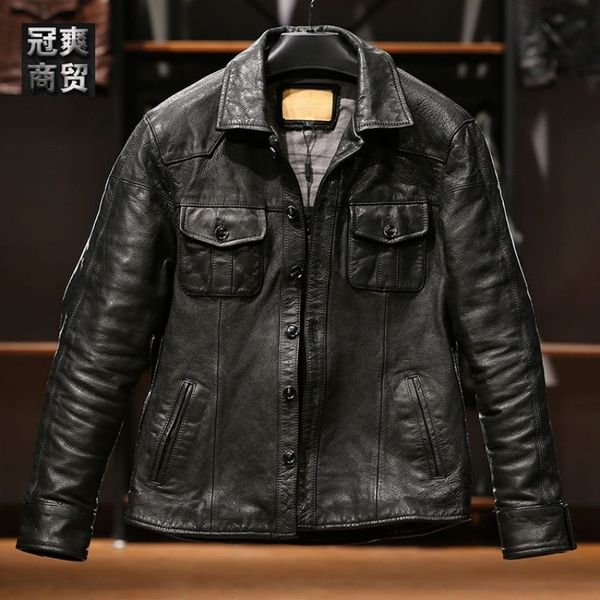 

men's leather faux highend fashion senior quality plus fat size casual shirt men may khaki no wash pleated goat skin 230831, Black