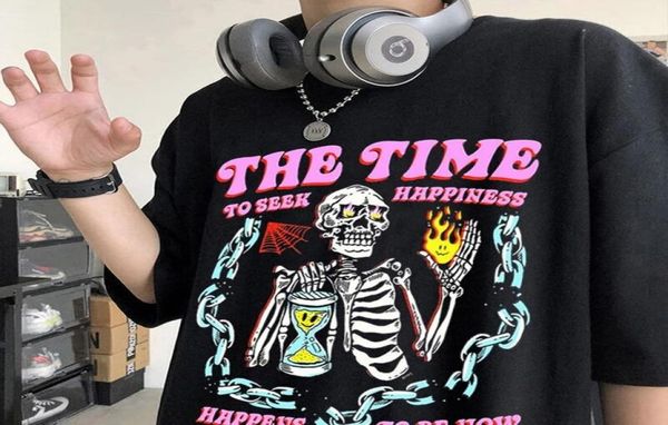 

skull print loose casual men and women t shirt harajuku oversize o neck short sleeve hip hop tshirts streetwear tees8882542, White;black