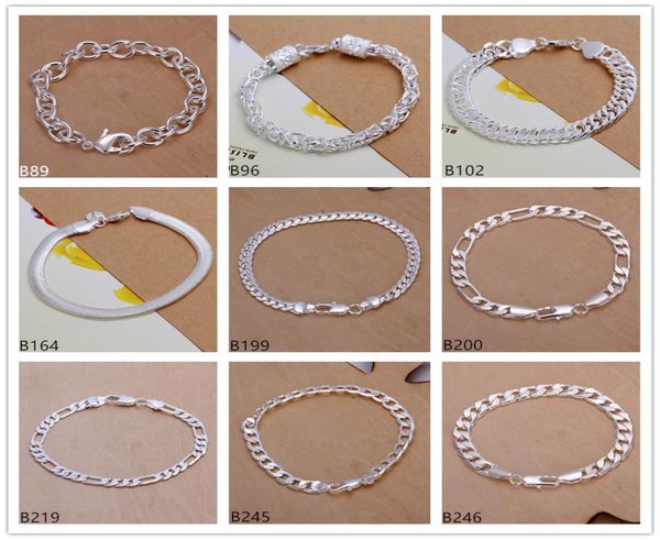 

mixed style 8 pieces a lot fashion men's sterling silver plated bracelet, chain shrimp buckle faucet plate 925 silver bracelet emb27278, Black