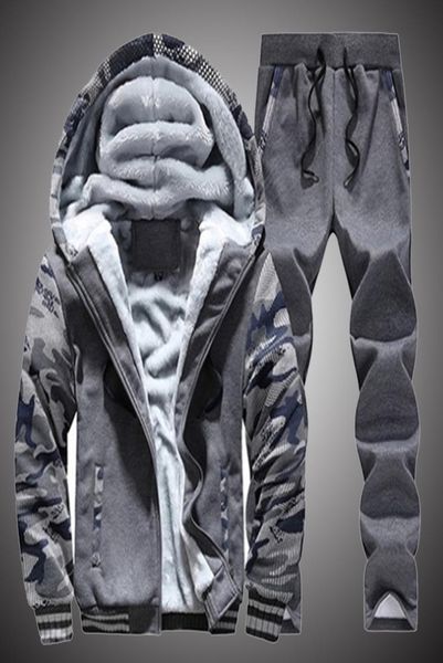 

pattern patchwork winter inner fleece hoodies men set warm thicken 2pc jacketpant sweatsuit outwear men tracksuit 2018 d28916632341, Gray