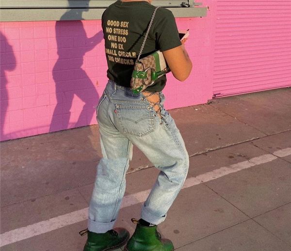 

ins blogger with the same jeans women super spicy iron chain hollow loose straight street jean w01047914713, Blue