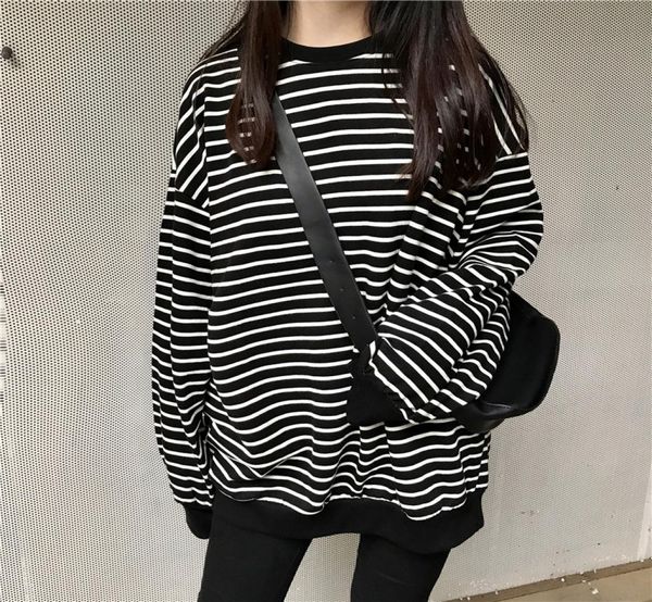 

longsleeved striped women039s hoodies thin korean version of the trendy spring and autumn clothes lazy wind loose student jack8021120, Black