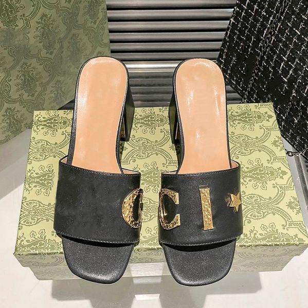 

famous designer brand women slides sandals summer new thick heel high heels slippers luxury fashion ultra soft leather ladies slingback sand, Black