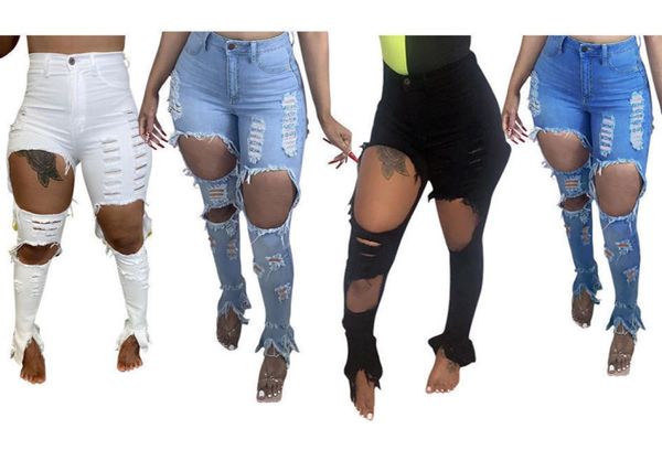 

desinger women jeans hole high waisted skinny denim stretch slim pants calf length bell bottom ladies fashion trousers3327097, Black;white