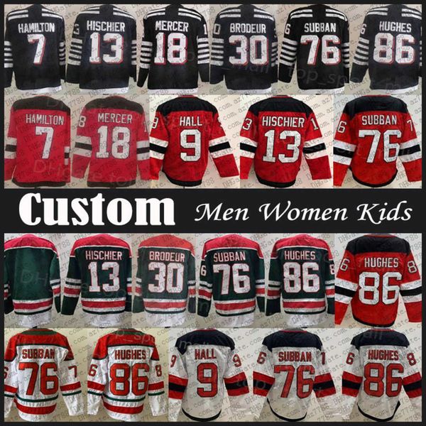 

jack hughes nico hischier hockey new jersey custom men women kid devils miles wood martin brodeur dougie hamilton vitek vanecek tomas tatar, Black;red