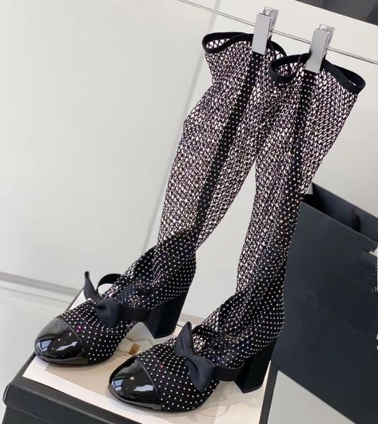 

women bowtie mesh with drill half boots new fashion hollow out breathable thick heel shoes bow net sandals women's ankle below the knee, Black