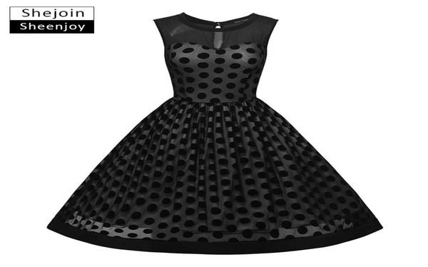 

shejoinsheenjoy women summer dress sleeveless audrey hepburn 50s 60s vintage dress polka dot mesh perspective party dresses7541123, White;black