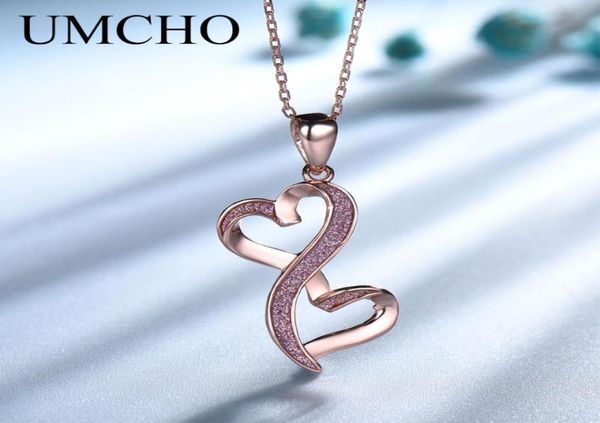 

umcho rose gold color double heart pendants necklace real 925 sterling silver necklace for lover valentine039s day present jewe2583644