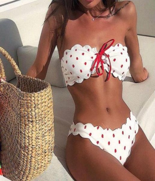 

ribbed bandeau bikini set lace up swimsuit scalloped swimwear push up dots tube bandage swimming suit for women3916910, White;black