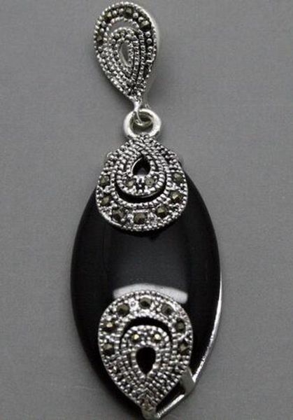 

vintage 18mmx40mm marcasite black agates 925 sterling silver drop pendant5410683