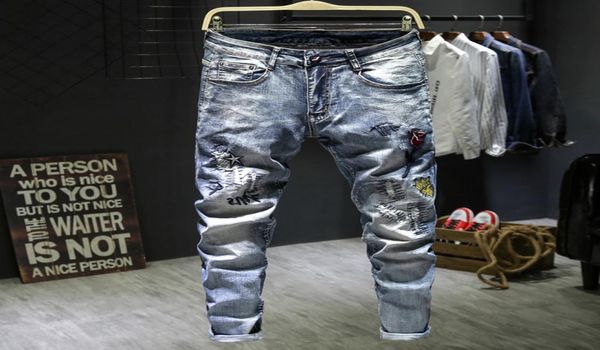 

ebaihui unique mens embroidery stretch jeans fashion designer slim fit washed motocycle denim pants panelled hip hop trousers l699262384, Blue