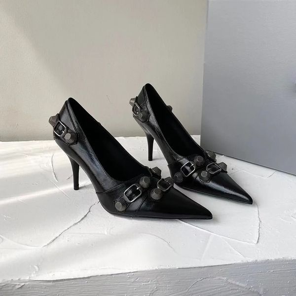

pink lambskin pumps shoes stud buckle embellished slip-on pointed toe stiletto fashion show evening shoes luxury designers shoe for women fa, Black