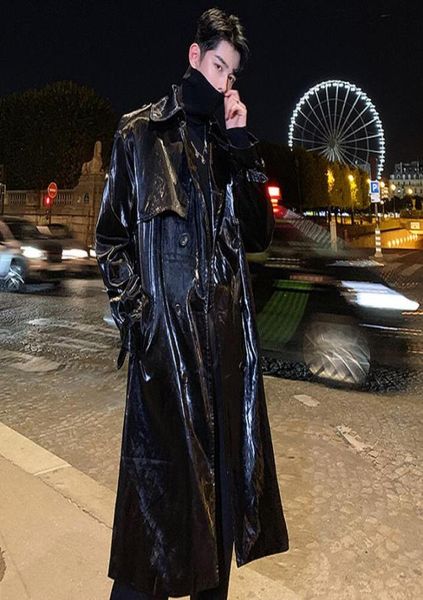 

glitter mens trench coats man patent leather pu coat men loose clothes double breasted overcoat long sleeve black pink b2485321535, Tan;black