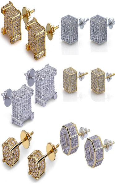 

hiphop gold plated earrings for men bling cubic zirconia hip hop ear studs brand design gem silver plated jewelry 1068526, Golden;silver