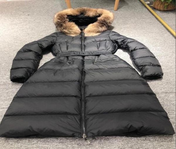 

women big real fox fur hooded down coat xlong thick warm double zipper drawstring with belt slim jacket waterproof parkas black g8517994