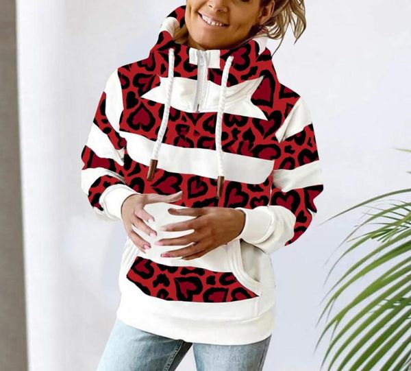 

women's hoodies & sweatshirts zipper turtleneck hoodie women autumn leopard printed stitching long sleeve hooded pocket pullover ps s1, Black