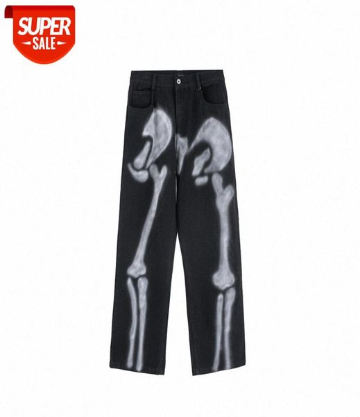 

european and american high street skull bone graffiti print jeans men ins trend casual loose wideleg pants zw5r8972495, Blue