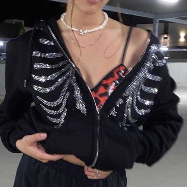 

women's hoodies & sweatshirts 2021 autumn y2k rhinestone skeleton zip up oversized goth women grunge hooded jacket streetwear retro clo, Black