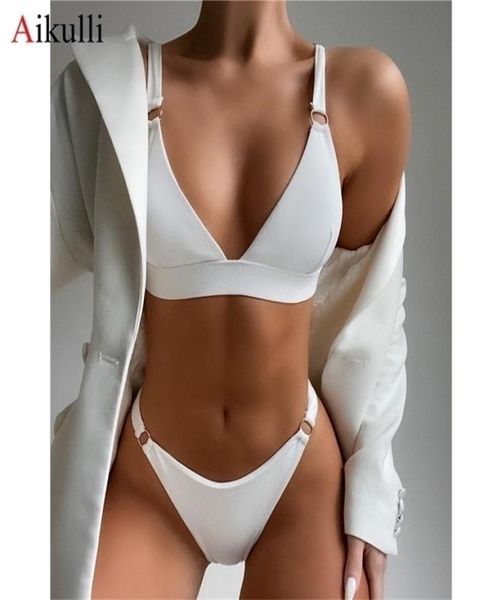 

ribbed ring bikinis swimsuit women push up swimwear solid bikini set summer beach brazil biquini swim bathing suit 2204295799103, White;black